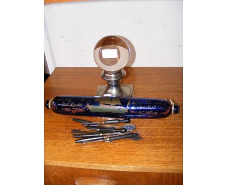 A Victorian blue glass rolling pin, modern sun reader etc.