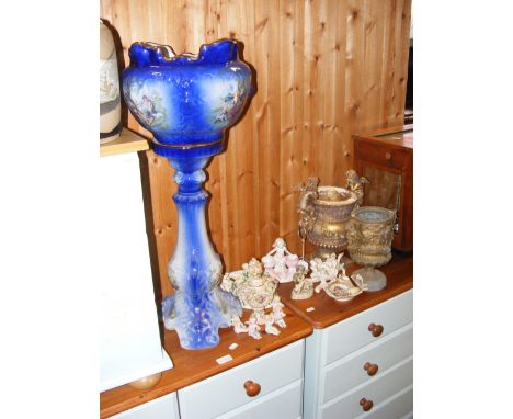 A blue glazed planter on stand, together with cherub ceramics and metalware 