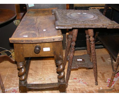 A carved two tier Indian occasional table, together with an oak bench stool 