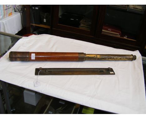 An antique wooden and brass single draw telescope, by Harris & Son, London together with an old brass chart rule by West, Lon