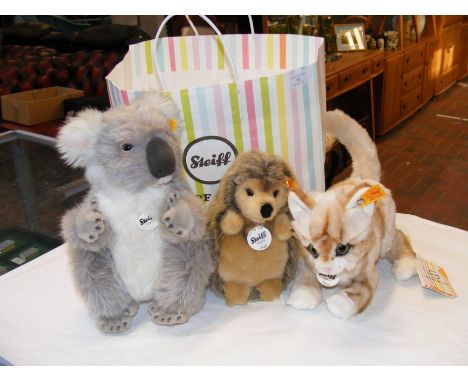 A modern Steiff Hedgehog, together with Koala Bear and Cat - both Steiff 