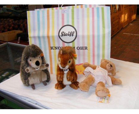 A modern Steiff Hedgehog, together with Squirrel and Teddy - both Steiff 
