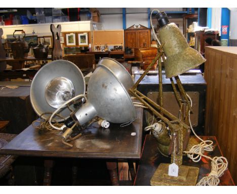 Two vintage Anglepoise lamps, together with three industrial lamps 