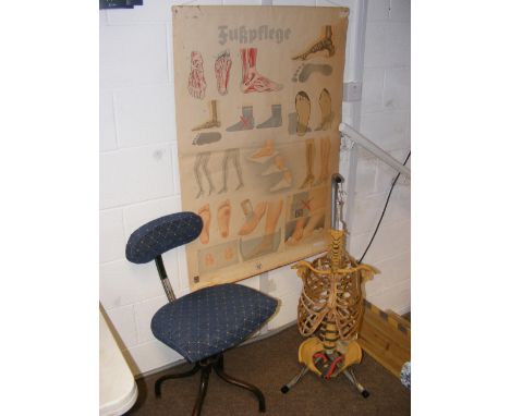 A vintage German foot hygiene poster, together with a partial skeleton and retro swivel chair 
