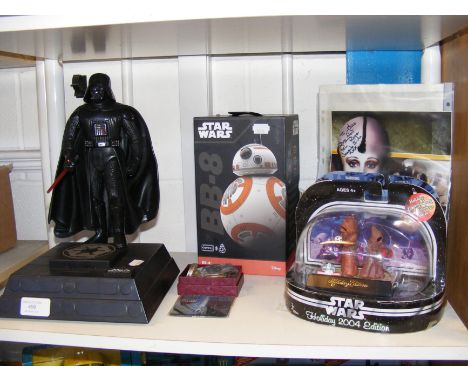 A vintage 1996 Thinkway Toys Darth Vader moneybox, Star Wars Holiday Edition figures in blister packs, a BB-8 Robot, signed S