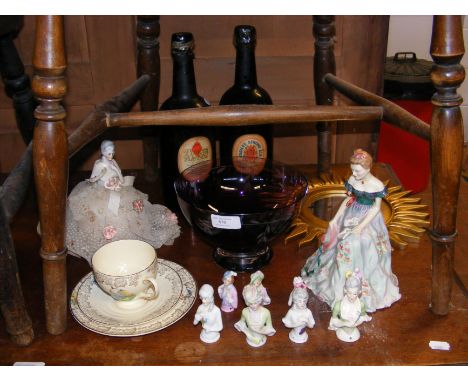 A Caithness amethyst floral etched bowl, sunburst mirror, Art Deco pin dolls, two vintage ales, etc.  