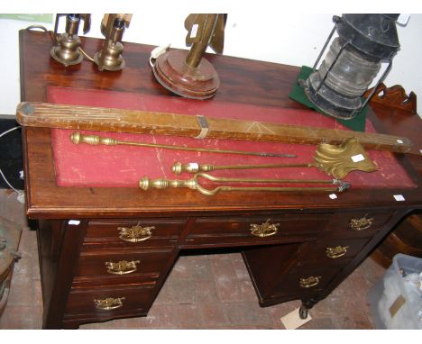 A military Ordnance wooden calculator, together with a set of fire irons 