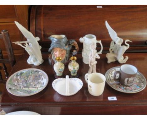 TWO UNGLAZED NAO FIGURES, ROYAL DOULTON CHARACTER JUG AND OTHER SUNDRIES INCLUDING CLOISONNE VASES, ETC. 