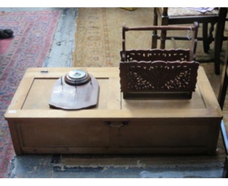 PINE BEDDING BOX, PIERCEWORK MAGAZINE RACK AND WOODEN BAROMETER 