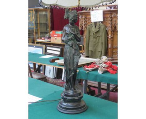 VICTORIAN STYLE SPELTER FIGURE FORM TABLE LAMP WITH SHADE, APPROXIMATELY 79cm HIGH 