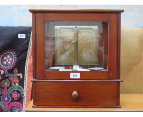 SET OF MAHOGANY GLAZED CASED WEIGHING SCALES 
