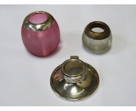 SMALL HALLMARKED SILVER INKWELL, CRANBERRY COLOURED GLASS SILVER BANDED INKWELL PLUS ONE OTHER 