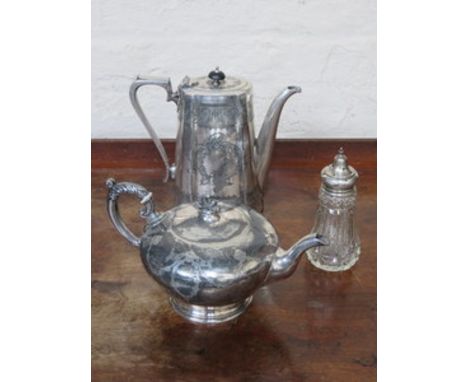 SILVER PLATED TEAPOT, SILVER PLATED COFFEE POT AND SILVER TOPPED SHAKER 