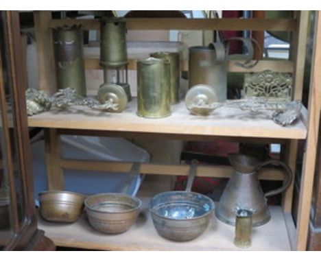 PARCEL OF VARIOUS COPPER AND BRASS INCLUDING MINER'S LAMP, TRENCH ART, PAIR OF SCONCES, ETC. 