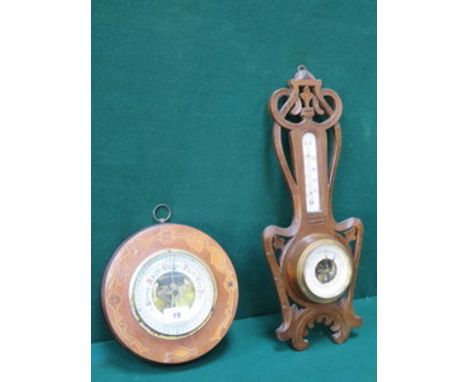 INLAID MAHOGANY CASED CIRCULAR BAROMETER WITH ENAMELLED DIAL AND ART NOUVEAU STYLE BAROMETER 