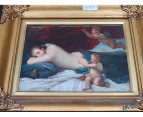 GILT FRAMED HANDPAINTED BERLIN PLAQUE DEPICTING A CLASSICAL SCENE, APPROXIMATELY 18.5cm x 24cm 