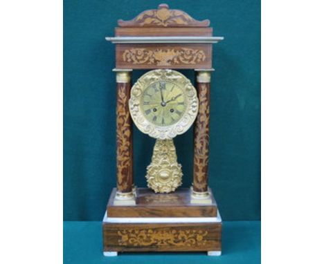 GOOD QUALITY MID VICTORIAN ROSEWOOD PORTICO MANTEL CLOCK WITH FRUITWOOD DECORATION AND GILT METAL DIAL AND PENDULUM, APPROXIM
