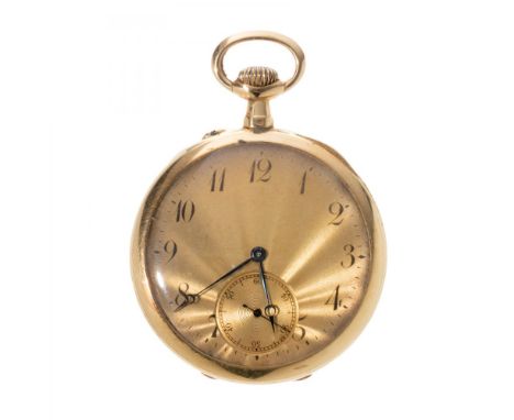 Lepine type pocket watch.In 18kt yellow gold. Golden dial with Arabic numerals. Central Breguet hands.Secondary dial at 6 o'c