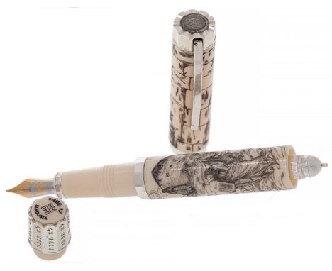 VISCONTI FOUNTAIN PEN, LIMITED EDITION "LA BIBLIA".Barrel made of whalebone engraved with drypoint and Indian ink filler.Limi