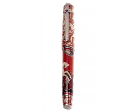 FOUNTAIN PEN OMAS ST. GEORGE FOUNTAIN PEN.Body in red resin, enamels and silver.Nib in 750 mls. silver, rhodium plated in 18 
