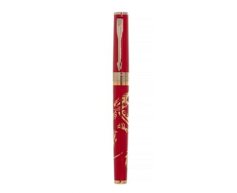 PARKER INGENUITY RED DRAGON FOUNTAIN PEN.Red resin barrel and yellow gold plated.Limited edition 2687/8000.Click cap.No box.D