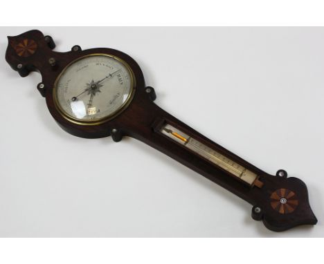 Barometer by Chanoe, small circles of inlay at top and bottom, approx 3'2'' high, small piece of boxing around thermometer mi