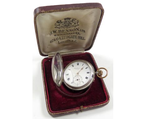 In its original box, J W Benson full hunter pocket watch, London 1920, white enamel dial with black roman numerals, surrounde