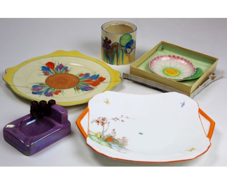 A collection of 1930's Art Deco ceramics including a shelley plate two pieces of clarice cliff, a carlton ware dish in origin