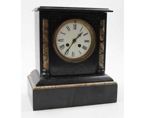 Large Victorian slate mantle clock with marble pediements and a white enamel dial. French movement.