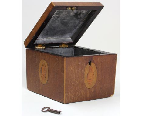 18th century Sheraton type Tea Caddy with inlaid paterae shell design and an unusual elongated rhomboid shape 11.5 cm high