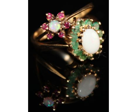 Two Rings 9ct Opal and Ruby size N, gold on silver opal and emerald size N weight 4.5 grams