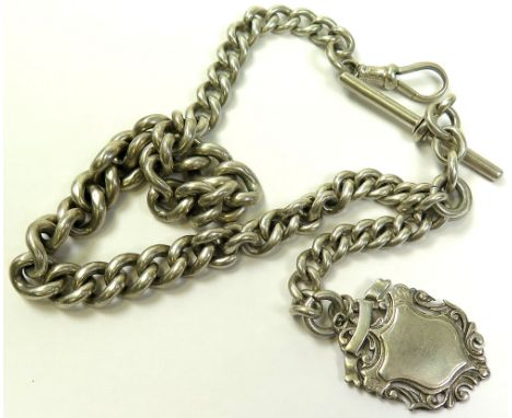 Late Victorian Silver "T" bar pocket watch chain Hallmarked birmingham 1900 with a silver fob attached, length approx 42cm, w