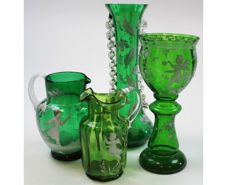 Mary Gregory style enamel glass, to include two vases and two jugs, tallest 32cm, (4)