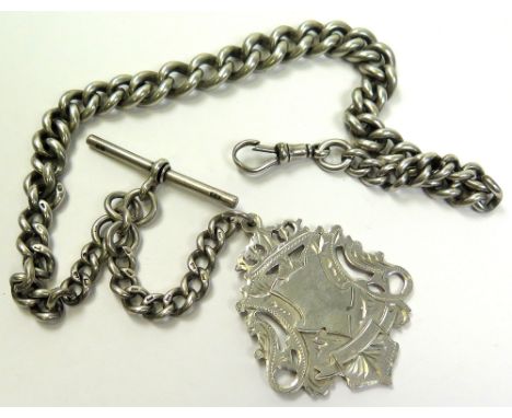 Edwardian hallmarked silver "T" bar pocket watch chain with a silver fob attached, approx length 46.5cm & approx weight 97g