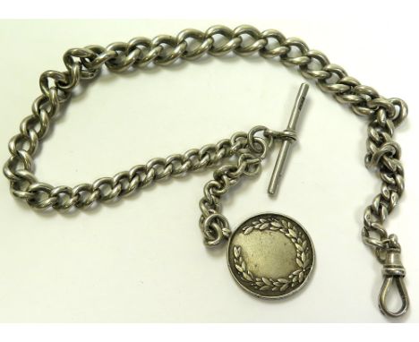 Silver "T" bar pocket watch chain Hallmarked birmingham 1924 with a silver fob attached, length approx 43.5cm, weight approx 