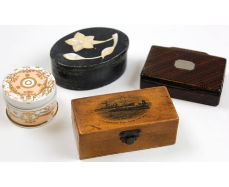 A mixed lot of small boxes including a pietra dura and mauchline ware littlehampton example together with a snuff and creamwa