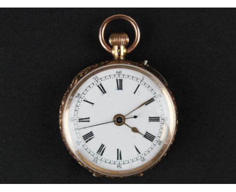 Ladies 14k open face pocket watch, white enamel face with black Roman numerals, weight 27 grams 