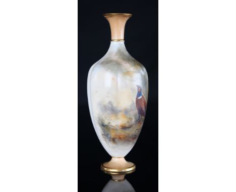 Royal Worcester miniature vase decorated with a pheasant and date marks for 1902 and a G for George Johnson standing 13 cm