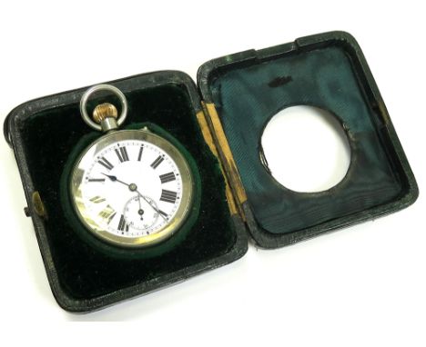 Early 20th century travel alarm pocket watch in green morocco leather folding case