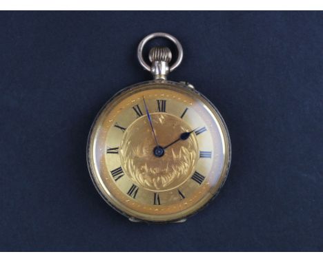 Ladies 9ct gold pocket watch, gilt dial with roman numerals surrounded by minute track, the dial centered with gilt floral de