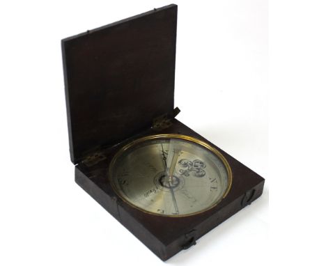 18th century Irish maritime navigational compass by Spear of 23 Capel street Dublin. Mahogany case with an engraved silvered 