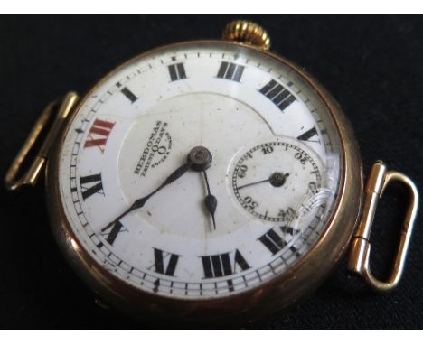 Hebdomas 14ct gold wristwatch, white enamel dial with roman numerals & sudsidery dial at 6 o'clock