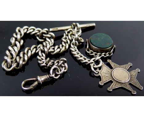 Hallmarked silver "T" bar pocket watch chain with a silver fob attached, approx length 34cm & approx weight 53g