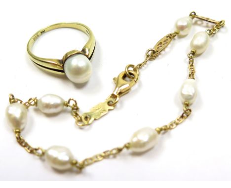 18ct Bracelet set with 7 pearls with a 14ct ring set with single pearl size J weight 6.2 grams