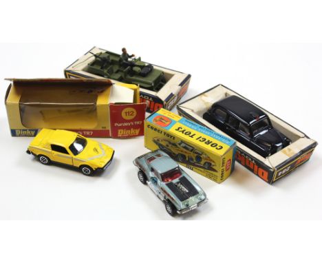 Four boxed Dinky/Corgi, Purdeys TR7, Corvette Stingray no.337, London Taxi & Commando Jeep no 612