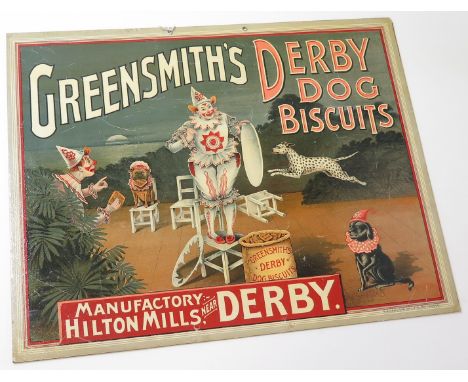 Original lithograph 'Greensmith's Derby Dog Biscuits' card advertising poster, 'Manufactory Hilton Mills Near Derby', by R. A
