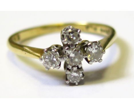 18ct & Plat. Ring set with 5 Diamonds in a cross pattern 0.50ct size O weight 3.3 grams 