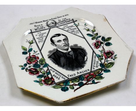 Fred Archer, an octagonal pottery plate by Wallis Gimson, printed in black with a named and inscribed portrait