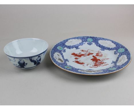 18th Century Chinese plate with an enamelled greek key border and a central scroll motif along with a 19th century underglaze