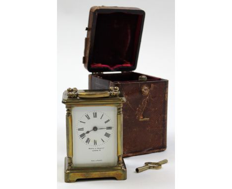 Brass carriage clock by Mappin and Webb, in original morroco leather case